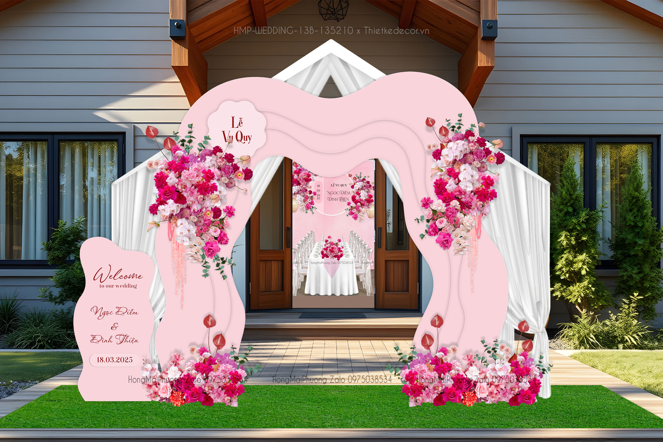 Cổng cưới tone hồng shape uốn lượn 3 lớp kèm bảng welcome cưới